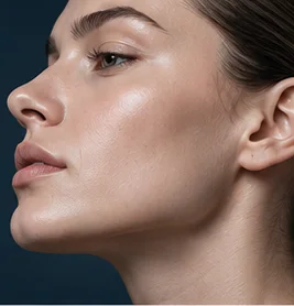 Profile of a woman's face against a deep navy background
