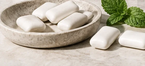 White pieces of gum in a stone dish beside a sprig of mint