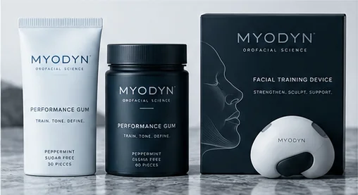 MYODYN packaging concepts: a white tube, a navy tub and a navy box for a facial training device