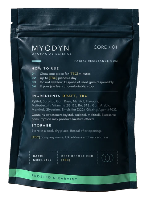 Back of the Frosted Spearmint pouch: ingredients, directions and the Supplied by box for the practice stamp.