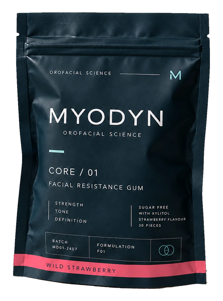 MYODYN CORE / 01 navy pouch, front, with the Wild Strawberry flavour strip. Grade 2.